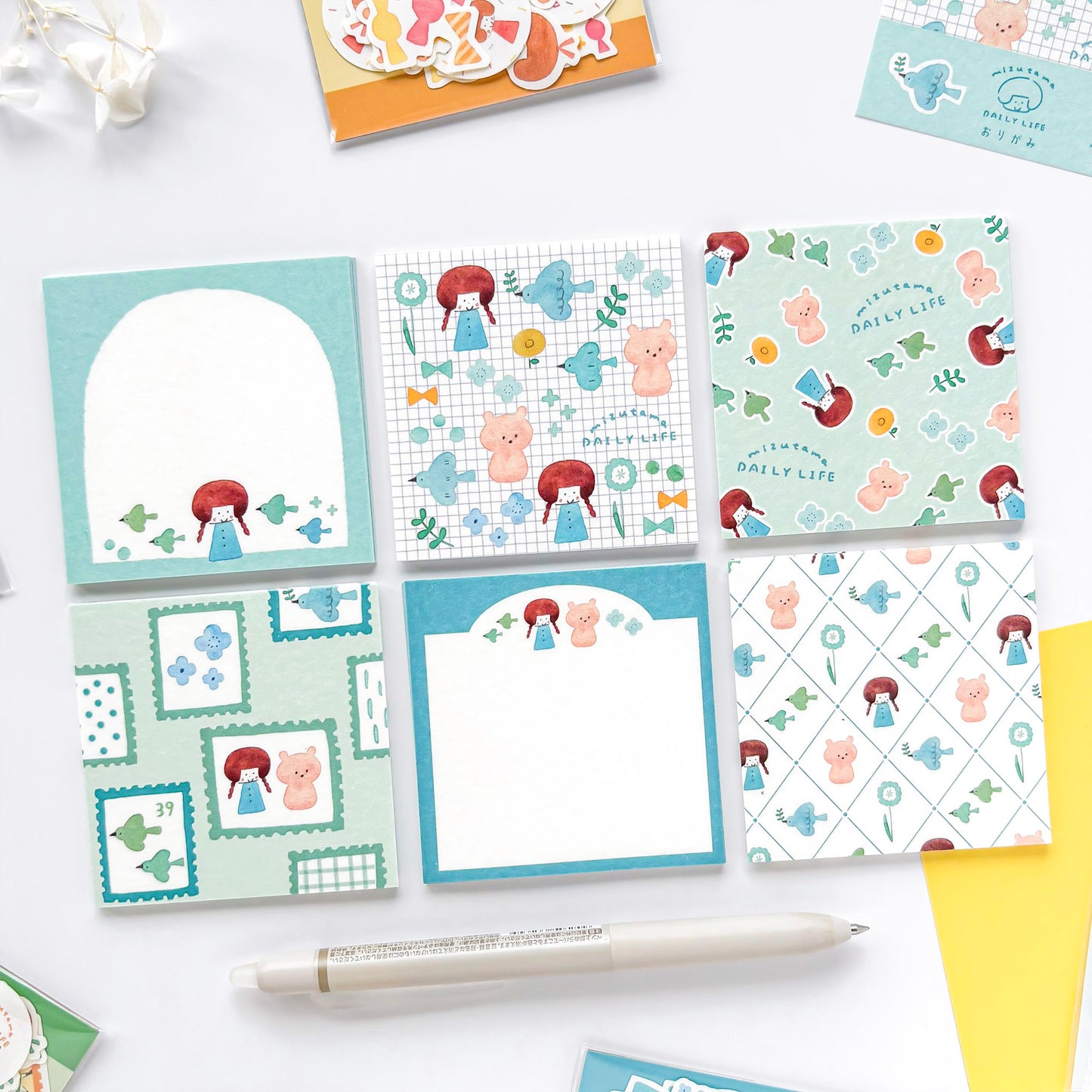 mizutama Limited Edition Petit Origami Memo Pad Set - Happy Blue Birds (120 sheets)