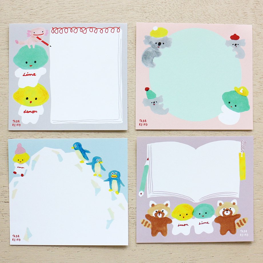 Reiko Tada Square Memo Pad - Lemon, Lime with Animals