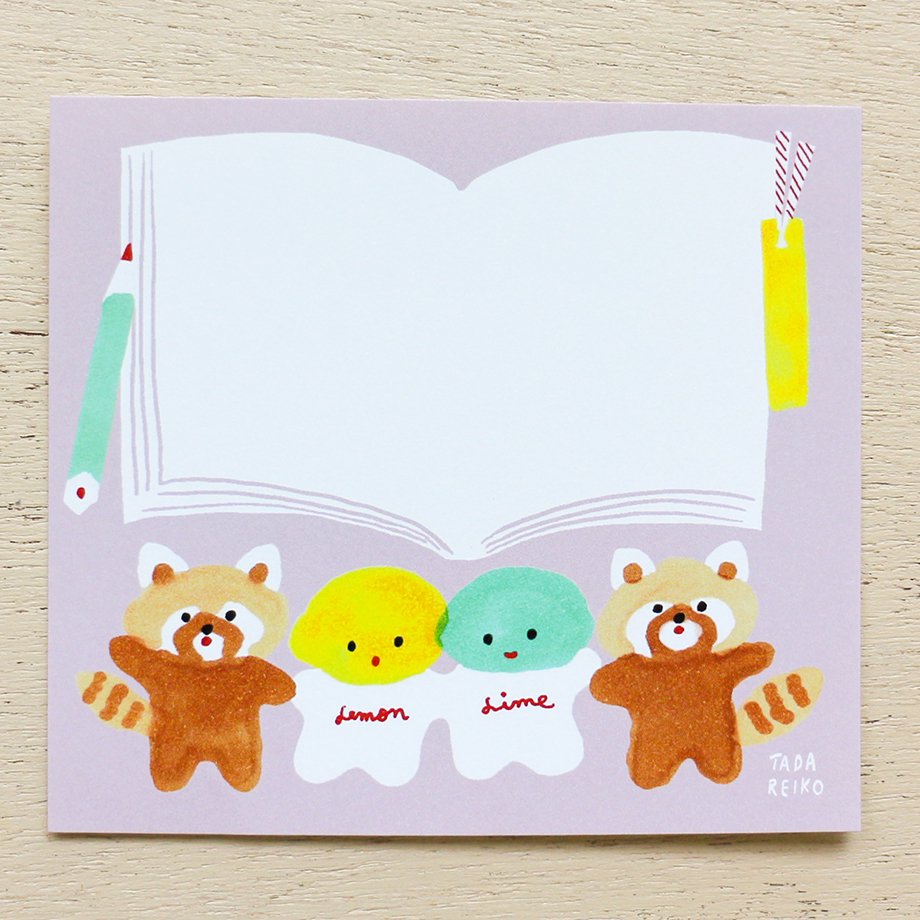 Reiko Tada Square Memo Pad - Lemon, Lime with Animals