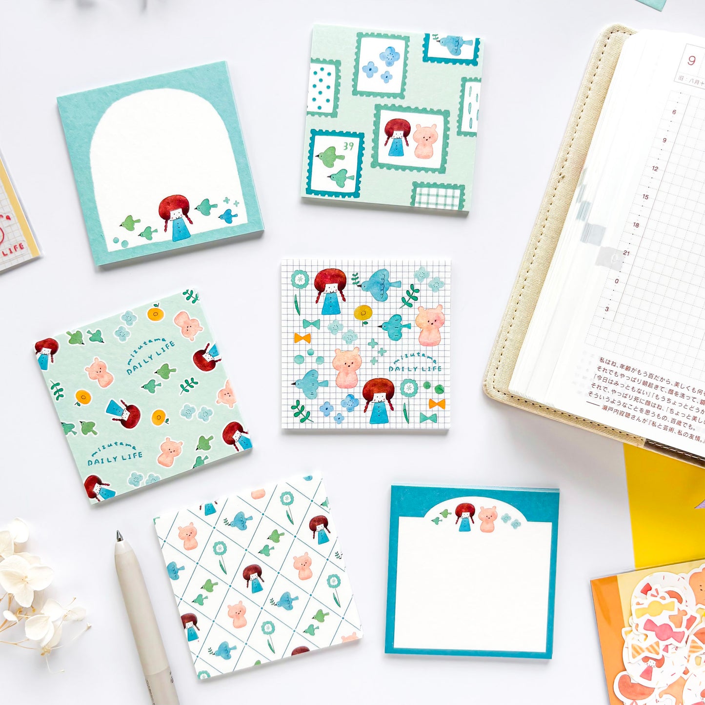 mizutama Limited Edition Petit Origami Memo Pad Set - Happy Blue Birds (120 sheets)
