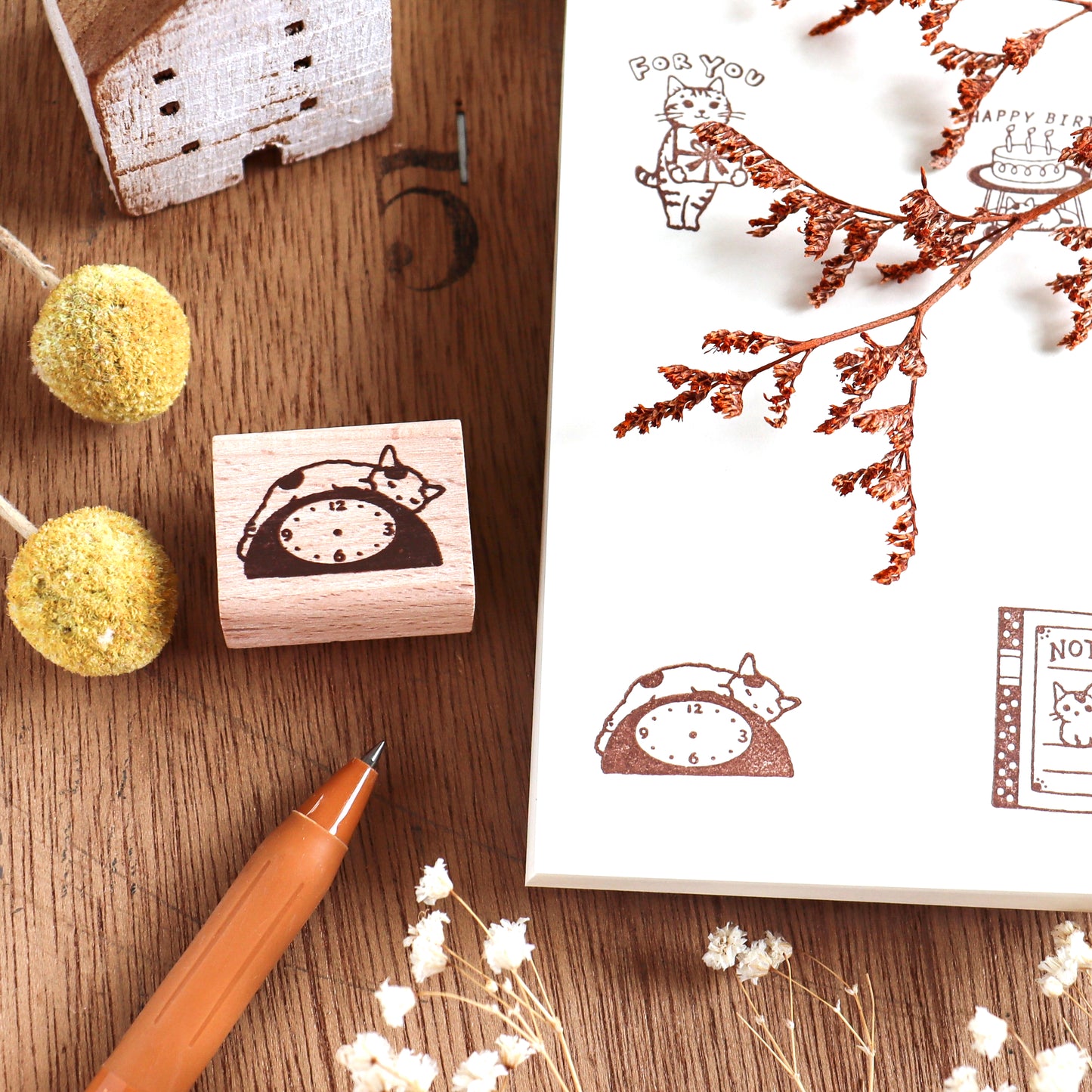 Pottering Cat / Cat Rubber Stamp - Clock