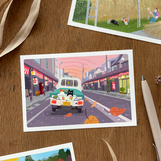 Toshinori Mori / Traveling Cat Postcard - Autumn / Woops!