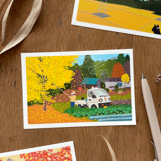 Toshinori Mori / Traveling Cat Postcard - Autumn / Chestnut Picking