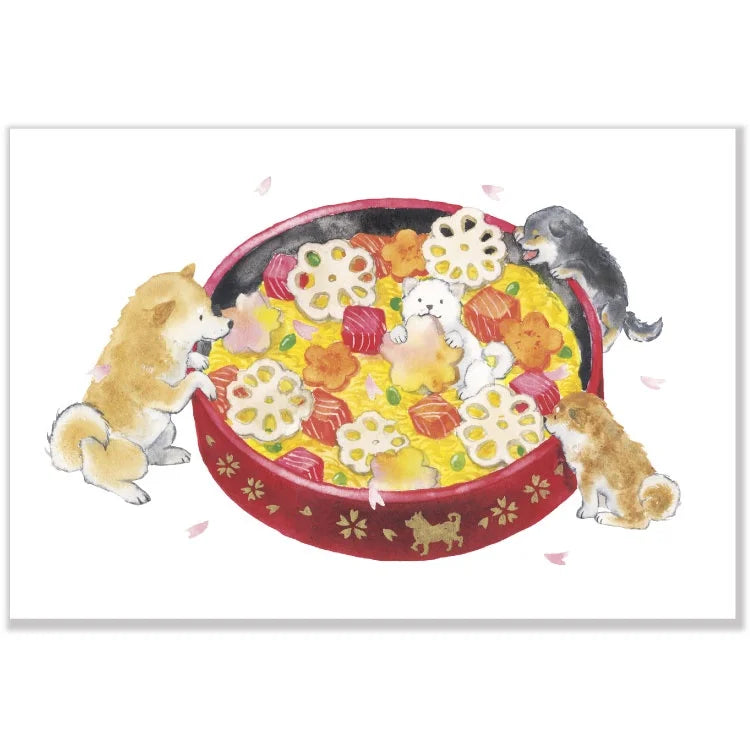 Natsuka Murata Spring Postcard - Shiba & Chirashi Sushi