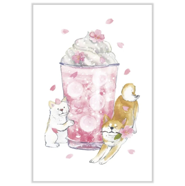 Natsuka Murata Spring Postcard - Shiba & Cherry Blossom Latte