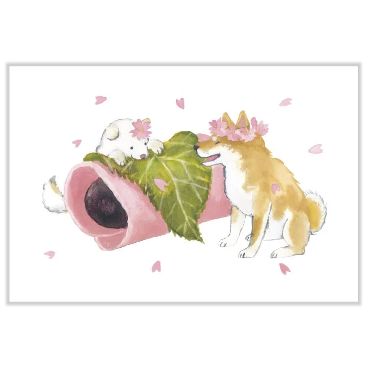 Natsuka Murata Spring Postcard - Shiba & Japanese Sweets