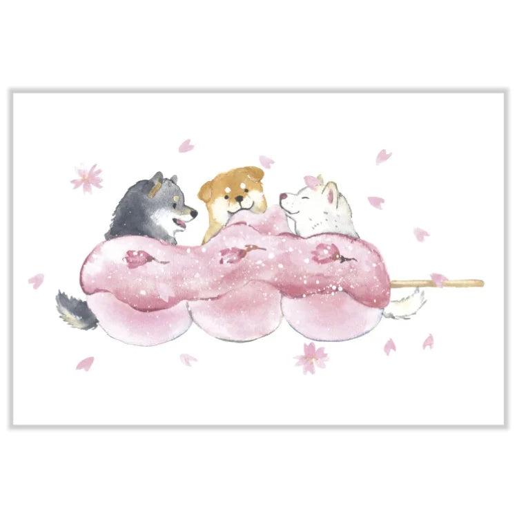 Natsuka Murata Spring Postcard - Shiba & Cherry Blossom Dango