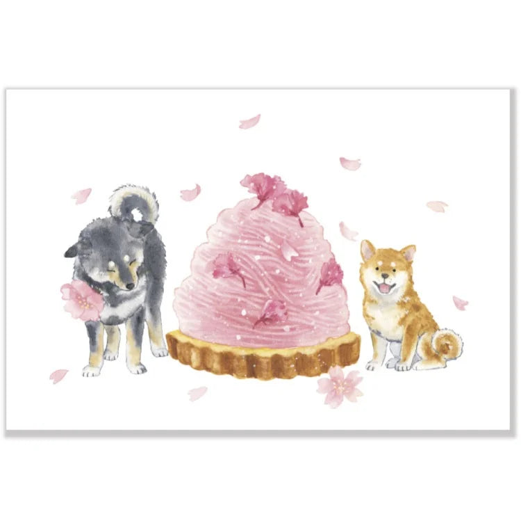 Natsuka Murata Spring Postcard - Shiba & Cherry Blossom Cake