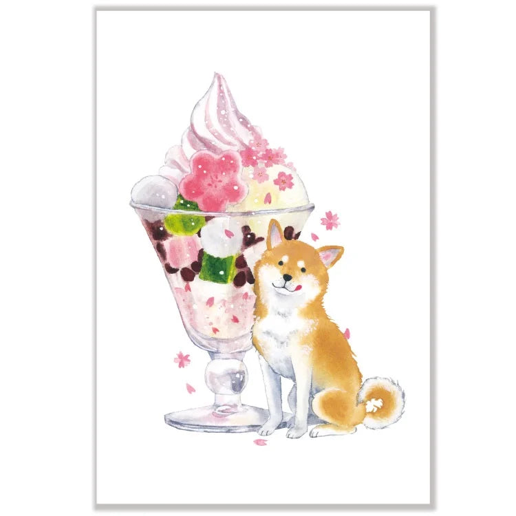 Natsuka Murata Spring Postcard - Shiba & Cherry Parfait