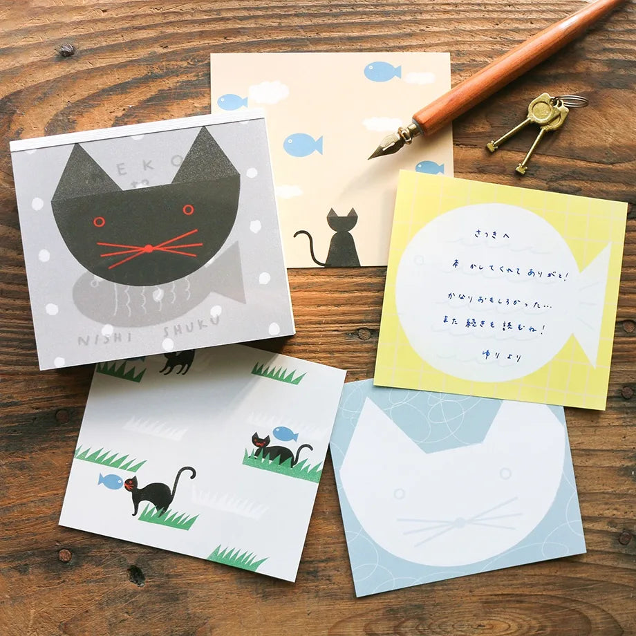 Nishi Shuku Square Memo Pad - Cat & Fish