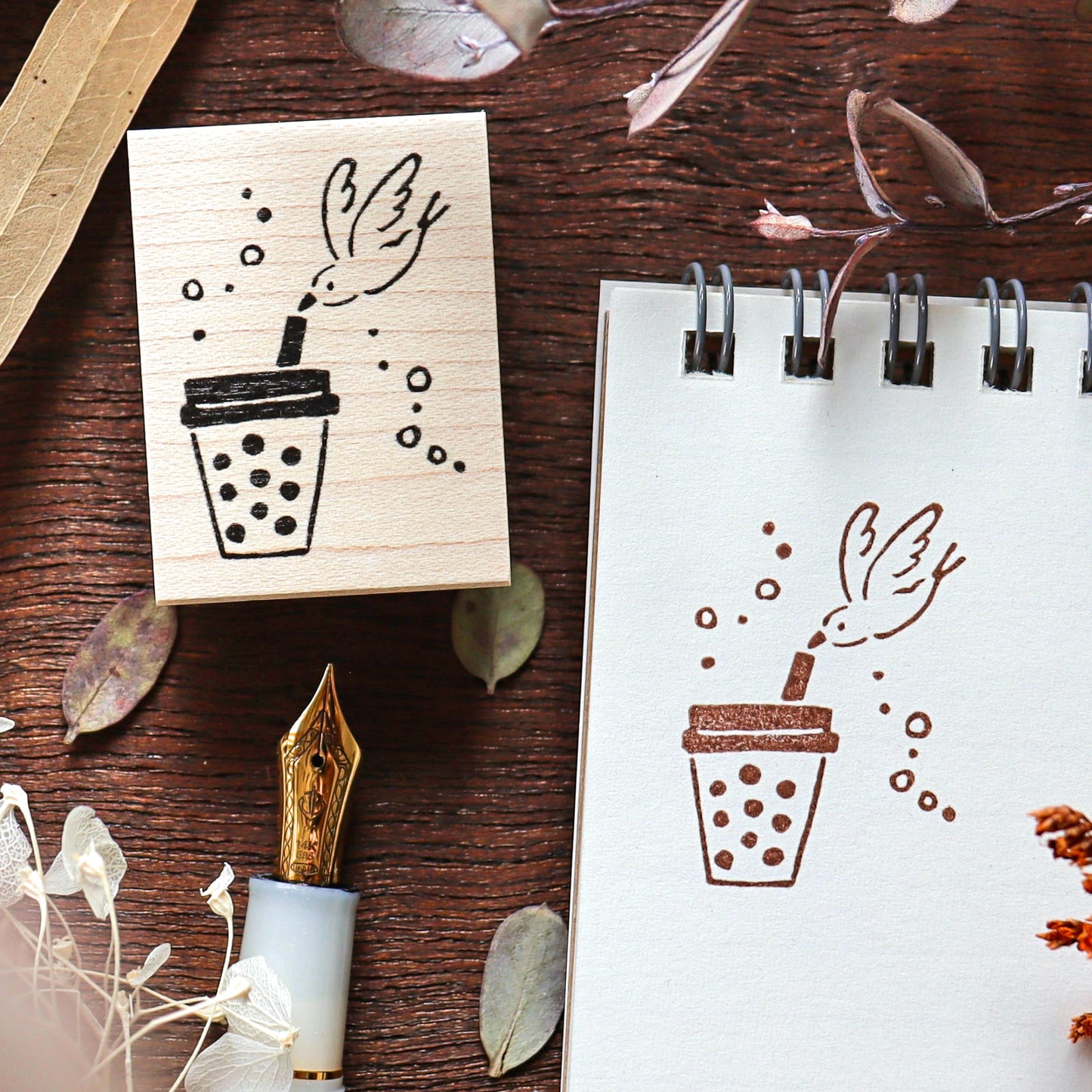 Hankodori / Rubber Stamp - Bird with Bubble Tea