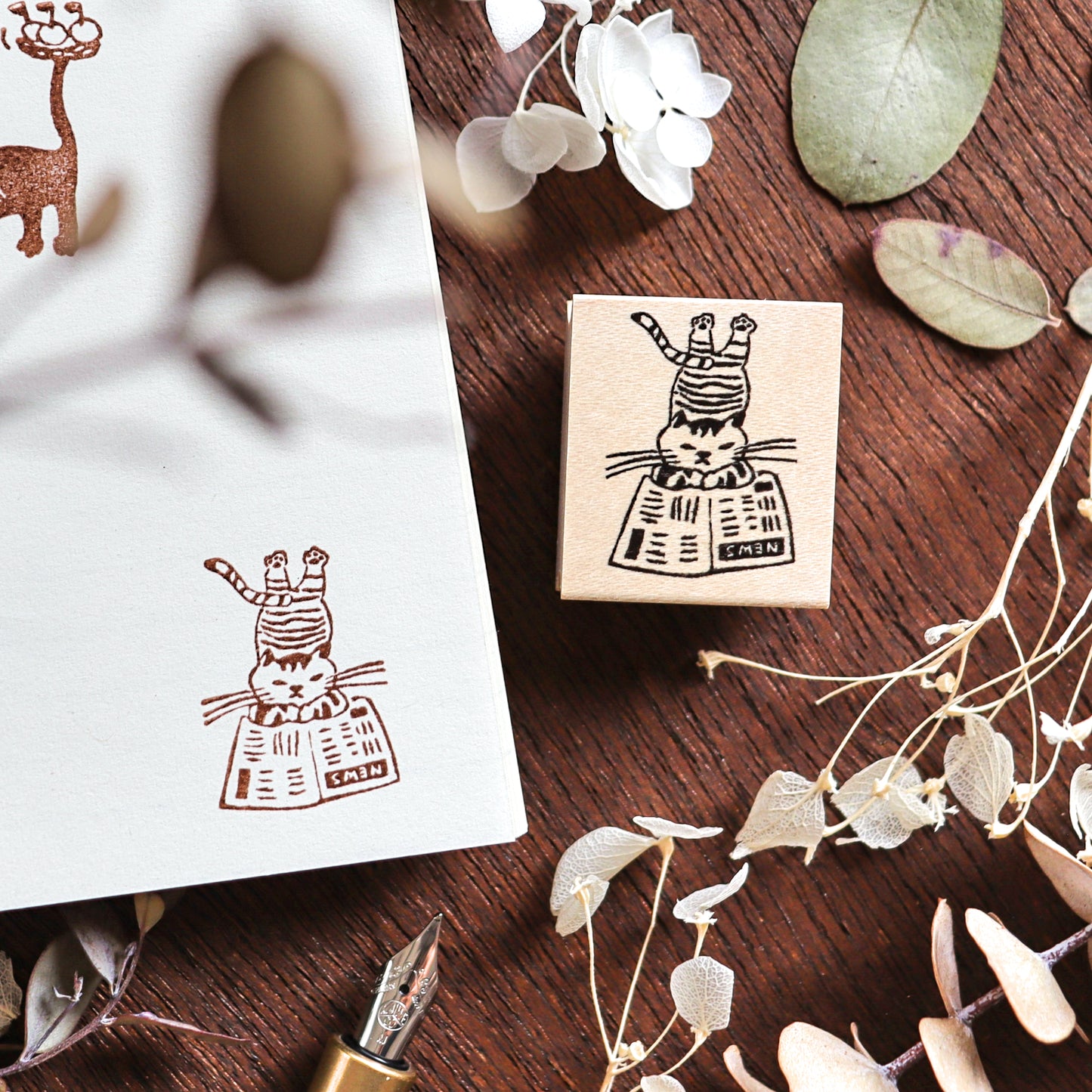 Hankodori / Rubber Stamp - Cat Reading Newspaper