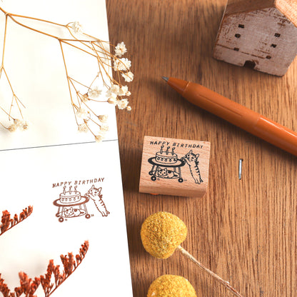 Pottering Cat / Cat Rubber Stamp - Happy Birthday