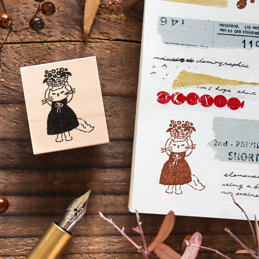 Hankodori / Rubber Stamp - Black Cat with Flowers