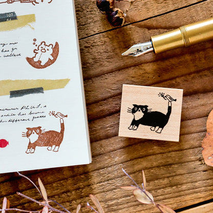 Hankodori / Rubber Stamp - Black Cat with Bird
