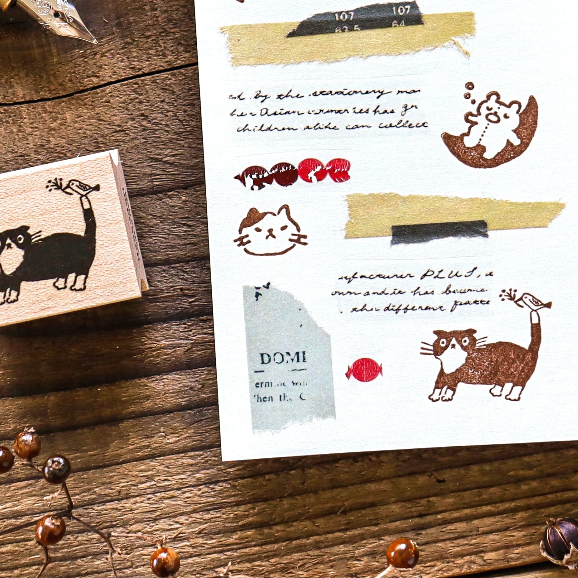 Hankodori / Rubber Stamp - Black Cat with Bird