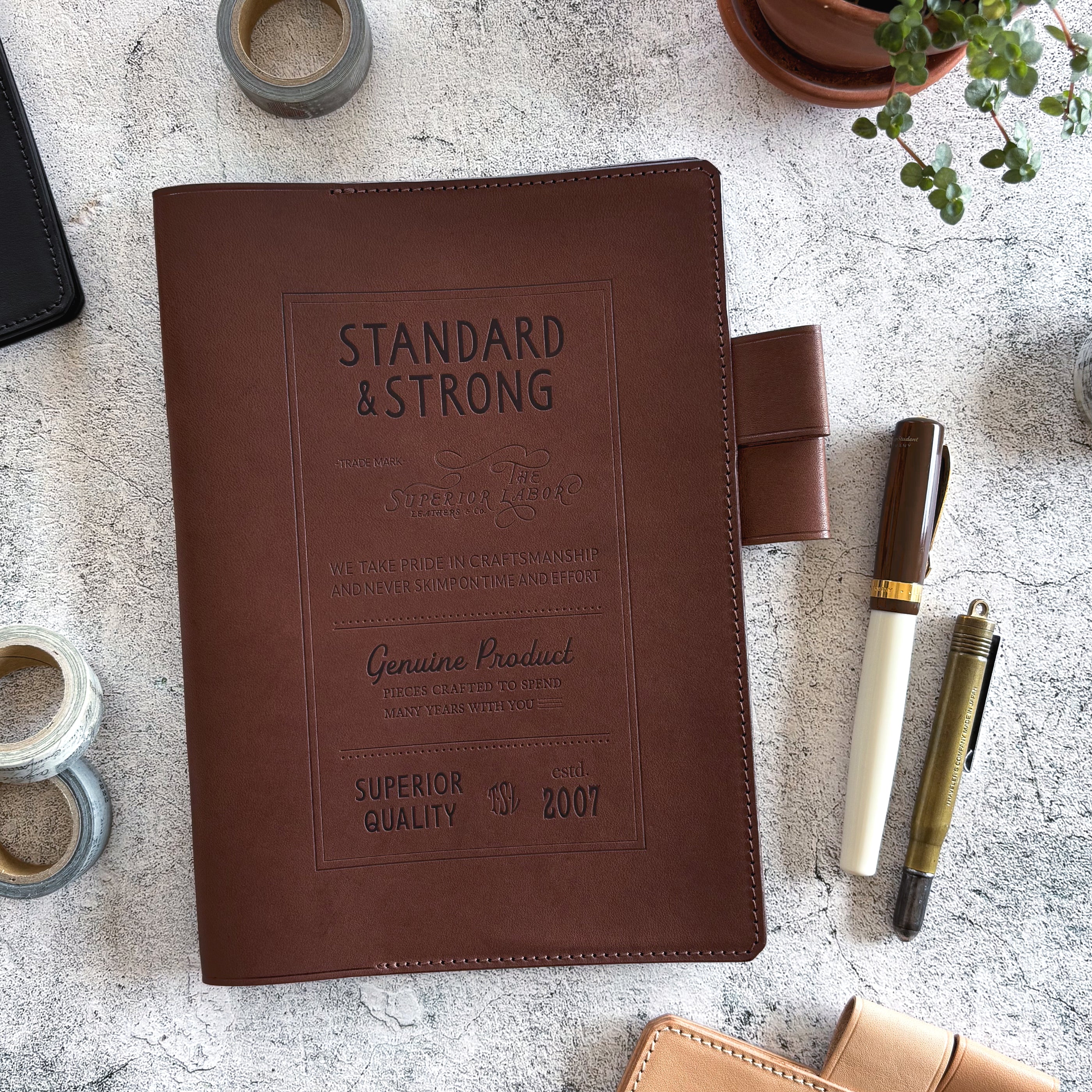 The Superior Labor / Stamped A5 Leather Notebook Cover - Brown