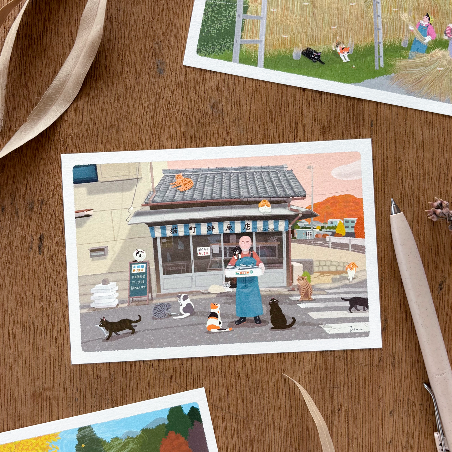 Toshinori Mori / Traveling Cat Postcard - Autumn / Fresh Fish