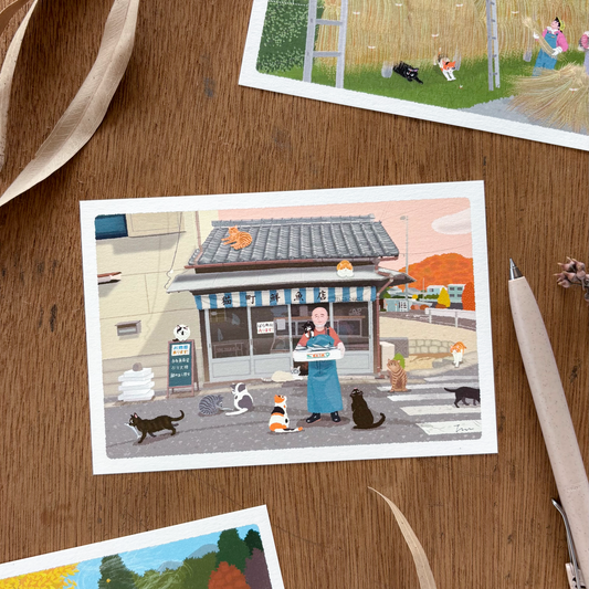Toshinori Mori / Traveling Cat Postcard - Autumn / Fresh Fish