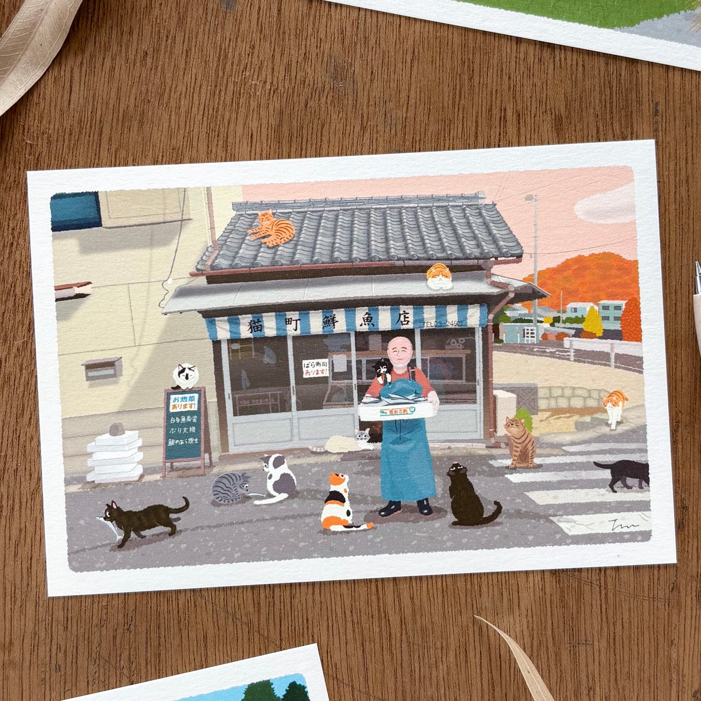 Toshinori Mori / Traveling Cat Postcard - Autumn / Fresh Fish