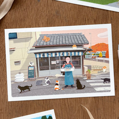 Toshinori Mori / Traveling Cat Postcard - Autumn / Fresh Fish