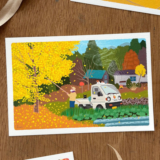 Toshinori Mori / Traveling Cat Postcard - Autumn / Chestnut Picking