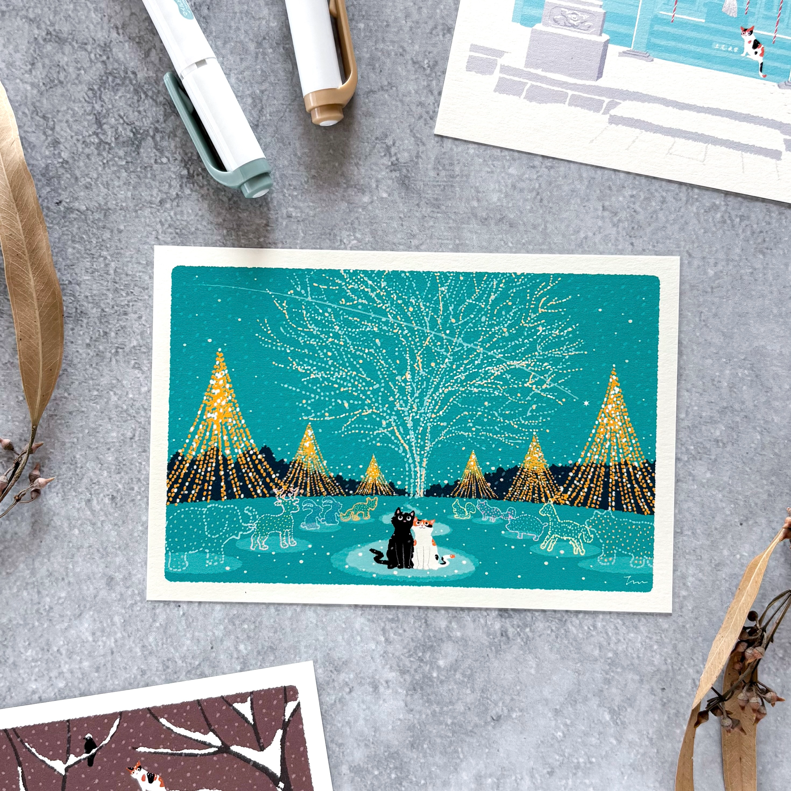 Toshinori Mori / Traveling Cat Postcard - Winter / Stary Night