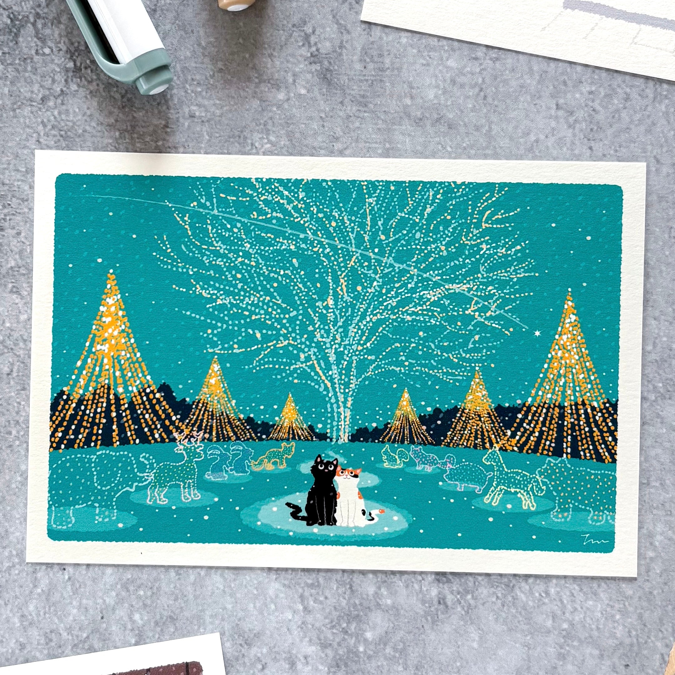 Toshinori Mori / Traveling Cat Postcard - Winter / Stary Night