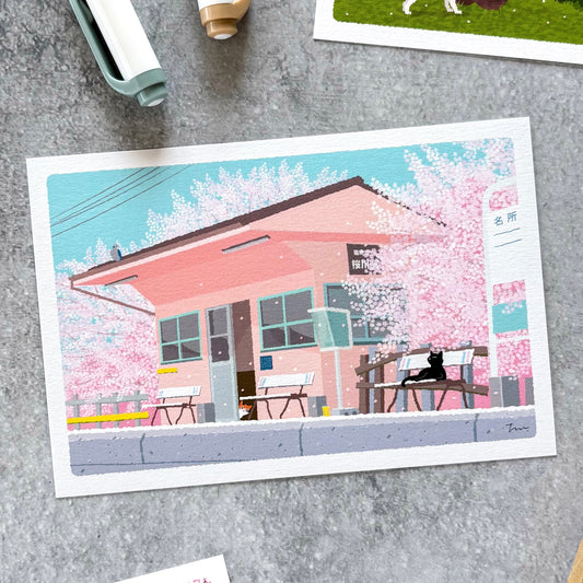Toshinori Mori / Traveling Cat Postcard - Spring / Train Station