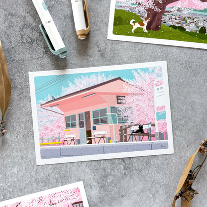 Toshinori Mori / Traveling Cat Postcard - Spring / Train Station