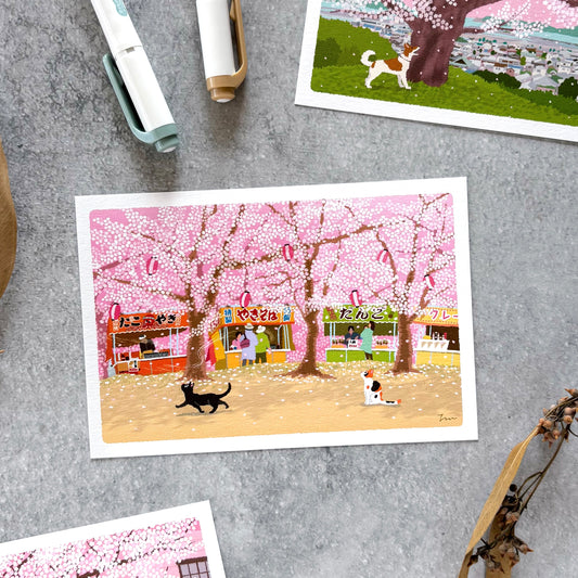 Toshinori Mori / Traveling Cat Postcard - Spring / Festival