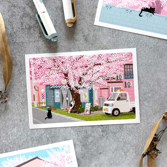 Toshinori Mori / Traveling Cat Postcard - Spring / Cherry Blossoms