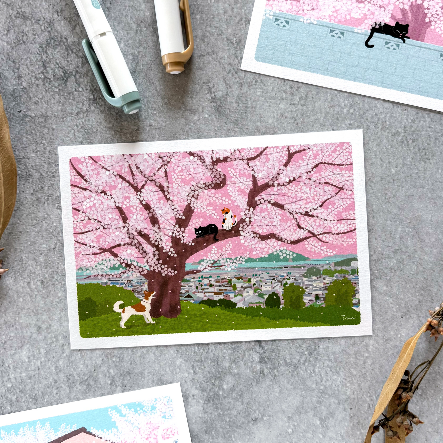 Toshinori Mori / Traveling Cat Postcard - Spring / Hill