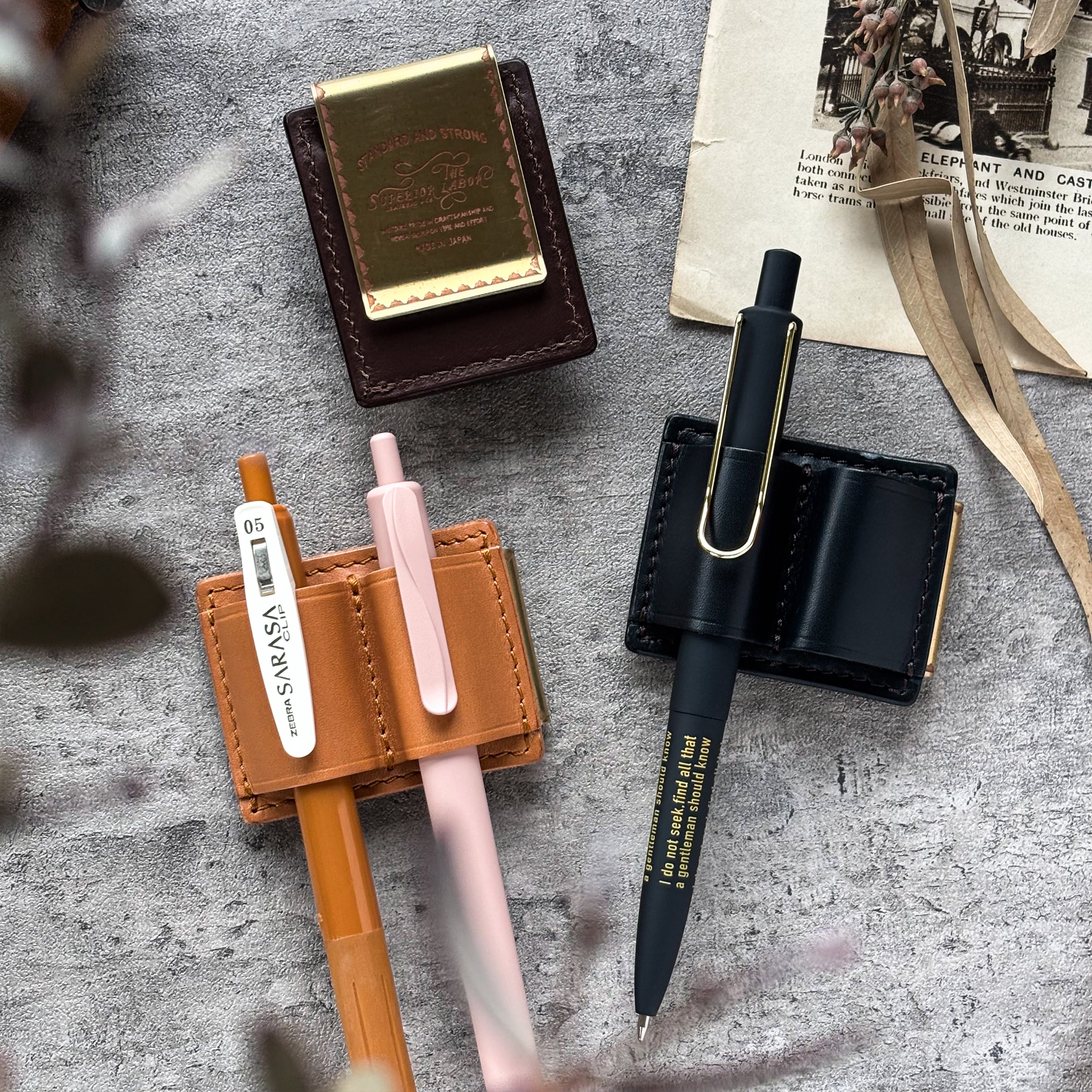 The Superior Labor / INGRASSATO Leather Brass Clip Pen Holder (2 holders)