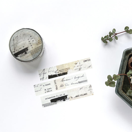 Decorative tape with vintage design, a small container with flowers on a white background
