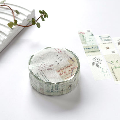 Roll of decorative tape with text and patterns on a white surface