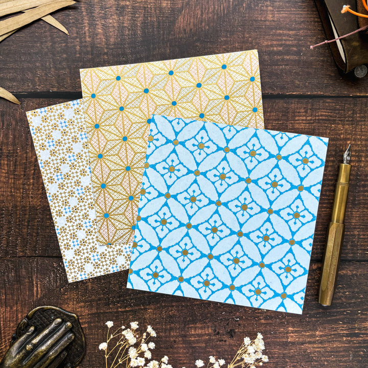 Yuzen Origami Paper Set - Japanese Pattern (Blue)