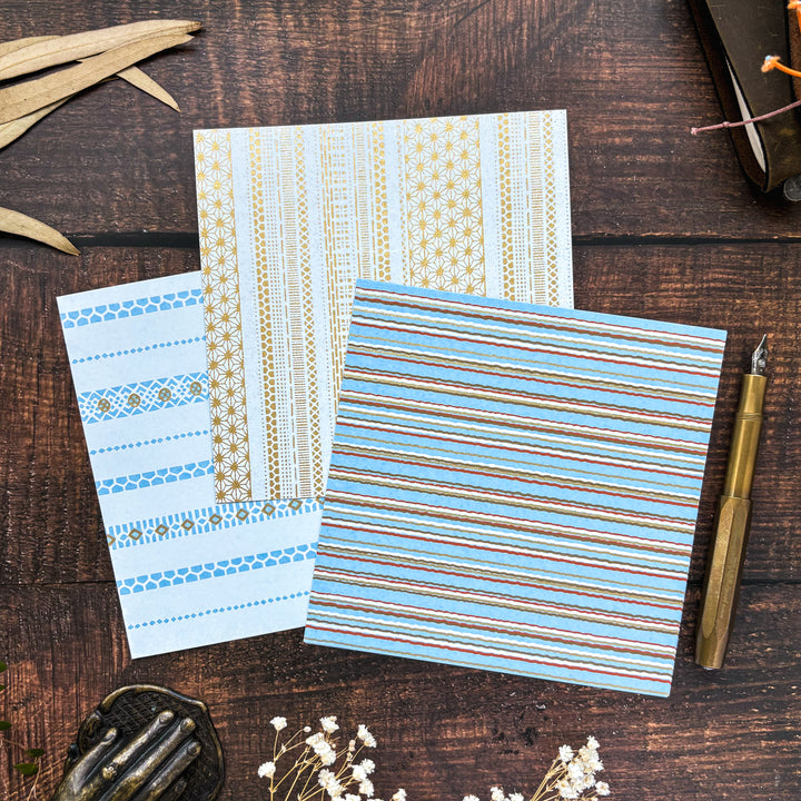 Yuzen Origami Paper Set - Japanese Pattern (Blue Stripe)