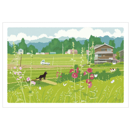 Traveling Cat Postcard - Summer / Hollyhock