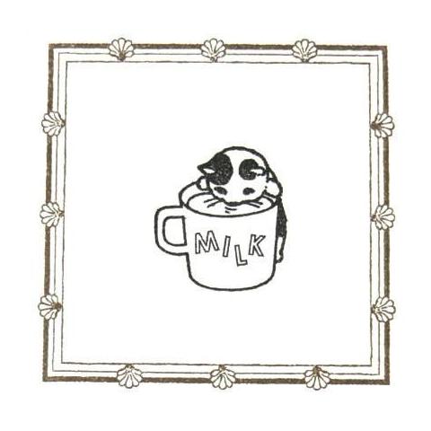 Cute Pottering Cat drinking milk cat rubber stamp great for your letters and craft project.  Available at Cute Things from Japan.